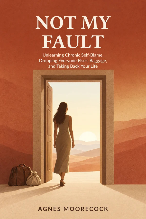 Cover of Not My Fault by Agnes Moorecock: a woman walks through an open stone doorway toward a desert sunrise, leaving a travel bag and bundle behind.